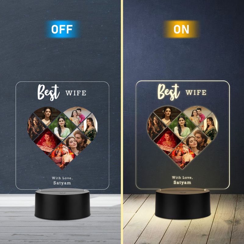 Personalized Collage Photo Frame Led Night Lamp With Warm White Light Gift For Anniversary, Birthday, Valentines Day Memorable Gift Lamp (Best Wife)